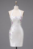 White Halter Neck Bodycon Floral Homecoming Dress with Beading