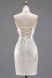 White Halter Neck Bodycon Floral Homecoming Dress with Beading