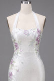 White Halter Neck Bodycon Floral Homecoming Dress with Beading