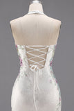 White Halter Neck Bodycon Floral Homecoming Dress with Beading