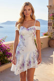 Cold Shoulder A-Line White Floral Homecoming Dress with Beading