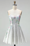 A-Line Sweetheart White Floral Homecoming Dress with Beading