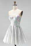 A-Line Sweetheart White Floral Homecoming Dress with Beading
