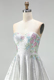 A-Line Sweetheart White Floral Homecoming Dress with Beading
