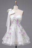 One Shoulder A-Line White Floral Beaded Homecoming Dress with Bow