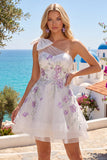 One Shoulder A-Line White Floral Beaded Homecoming Dress with Bow