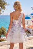 One Shoulder A-Line White Floral Beaded Homecoming Dress with Bow