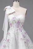 One Shoulder A-Line White Floral Beaded Homecoming Dress with Bow