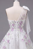 One Shoulder A-Line White Floral Beaded Homecoming Dress with Bow