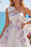 One Shoulder A-Line White Floral Beaded Homecoming Dress with Bow