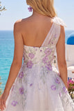 One Shoulder A-Line White Floral Beaded Homecoming Dress with Bow