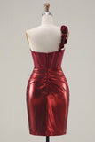 Metallic Burgundy One Shoulder Floral Corset Bodycon Ruched Homecoming Dress
