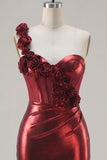 Metallic Burgundy One Shoulder Floral Corset Bodycon Ruched Homecoming Dress