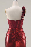 Metallic Burgundy One Shoulder Floral Corset Bodycon Ruched Homecoming Dress