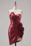 Metallic Burgundy Strapless Bodycon Ruched Homecoming Dress with 3D Flowers