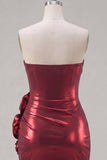Metallic Burgundy Strapless Bodycon Ruched Homecoming Dress with 3D Flowers