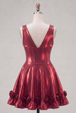 Metallic Burgundy A-Line V-Neck Corset Homecoming Dress with 3D Flowers