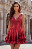 Metallic Burgundy A-Line V-Neck Corset Homecoming Dress with 3D Flowers
