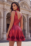 Metallic Burgundy A-Line V-Neck Corset Homecoming Dress with 3D Flowers