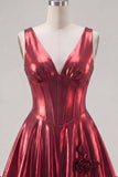 Metallic Burgundy A-Line V-Neck Corset Homecoming Dress with 3D Flowers