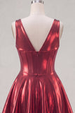 Metallic Burgundy A-Line V-Neck Corset Homecoming Dress with 3D Flowers