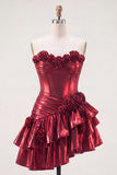 Metallic Burgundy A-Line Off the Shoulder Corset Homecoming Dress with 3D Flowers