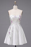 A-Line Sweetheart White Floral Homecoming Dress with Beading