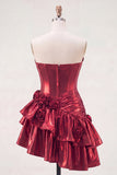 Metallic Burgundy A-Line Off the Shoulder Corset Homecoming Dress with 3D Flowers