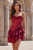 Metallic Burgundy A-Line Off the Shoulder Corset Homecoming Dress with 3D Flowers