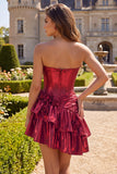 Metallic Burgundy A-Line Off the Shoulder Corset Homecoming Dress with 3D Flowers