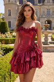 Metallic Burgundy A-Line Off the Shoulder Corset Homecoming Dress with 3D Flowers