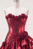 Metallic Burgundy A-Line Off the Shoulder Corset Homecoming Dress with 3D Flowers