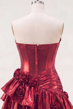 Metallic Burgundy A-Line Off the Shoulder Corset Homecoming Dress with 3D Flowers