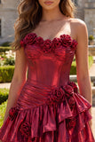 Metallic Burgundy A-Line Off the Shoulder Corset Homecoming Dress with 3D Flowers