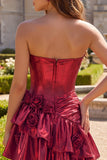 Metallic Burgundy A-Line Off the Shoulder Corset Homecoming Dress with 3D Flowers