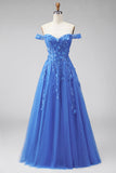 Dark Blue Off the Shoulder A-Line Corset Long Formal Dress with Appliques