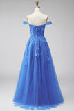 Dark Blue Off the Shoulder A-Line Corset Long Formal Dress with Appliques