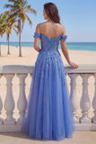 Dark Blue Off the Shoulder A-Line Corset Long Prom Dress with Appliques