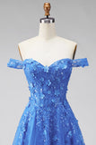 Dark Blue Off the Shoulder A-Line Corset Long Formal Dress with Appliques