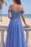 Dark Blue Off the Shoulder A-Line Corset Long Prom Dress with Appliques