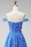Dark Blue Off the Shoulder A-Line Corset Long Formal Dress with Appliques