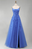 Dark Blue A-Line Corset Beaded Appliqued Long Prom Dress with Slit