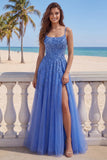 Dark Blue A-Line Corset Beaded Appliqued Long Prom Dress with Slit