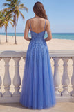 Dark Blue A-Line Corset Beaded Appliqued Long Prom Dress with Slit