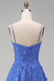 Dark Blue A-Line Corset Beaded Appliqued Long Prom Dress with Slit