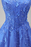 Dark Blue A-Line Halter Neck Corset Beaded Appliqued Long Prom Dress with Slit
