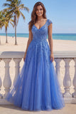 Dark Blue A-Line V-Neck Corset Long Prom Dress with Appliques