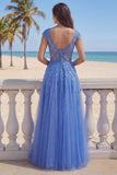 Dark Blue A-Line V-Neck Corset Long Prom Dress with Appliques