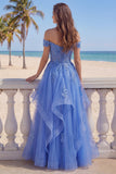 Off the Shoulder Tulle Dark Blue A-Line Corset Appliqued Long Prom Dress with Ruffles