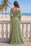 Lace Sage Green A-Line Off the Shoulder Beaded Long Prom Dress with Slit